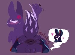 ambiguous_gender annoyed anthro ass big_butt blue_body blush bodily_fluids cross-popping_vein digital_media_(artwork) drooling duo female freckled_butt freckled_face freckles genitals hand_on_butt heart_symbol inv_(rain_world) melodicfractals pixel_(artwork) purple_body rain_world raised_tail saliva slugcat spearmaster_(rain_world) stretched_anus tail videocult vulva