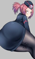 1girls ass ass_focus blush closed_mouth clothing demon demon_girl duel_monster female hat hi_res konami legwear light_skin looking_at_viewer looking_back lying lying_down rear_view red_eyes red_hair short_hair side_view sitting skirt solo stewardess tour_guide_from_the_underworld twintails uniform wbsbism younger_female yu-gi-oh!