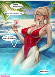 1girls absurd_res aroma_sensei artist_name beach big_breasts bimbo blonde_hair bracelet breasts classy cleavage clothing cocktail comic english_text female female_only hair highres looking_at_viewer martini metroid necklace nintendo samus_aran sideboob sidelocks solo speech_bubble swimsuit text unseen_character url video_games waifunator_3000 watermark