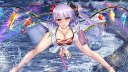 aged_up alternate_breast_size alternate_costume alternate_hair_color bag bent_over bikini chains cleavage cross-laced_bikini crystal_wings female flandre_scarlet flandre_scarlet_(vampire_pursuing_the_hunter) flower_in_hair hair_scrunchie large_breasts o-ring_bikini one_side_up open_mouth pistol pointy_ears purple_hair red_eyes shirt short_hair shounen_f side_ponytail smile solo spread_legs touhou touhou_lostword