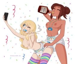 2girls alcohol diaper drinking duo merunyaa party simple_background wearing_diaper