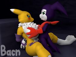 2018 3d animated anthro ass bacn balls big_breasts biped black_sclera blue_eyes blush bondage bound breast_grab breasts canine chains claws clothing digimon duo erection female fur gloves hand_on_breast huge_breasts humanoid_penis imp impmon loop male male_penetrating mammal neckerchief nude open_mouth outercourse paizuri penetration penis questionable_consent renamon renamon_(bacn) sex simple_background smile straight teeth toe_claws toes tuft white_fur