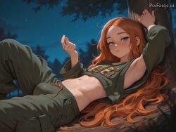 freckles oversized_clothes athletic_body wind night ginger looking_at_viewer extremely_long_hair alone armpit_fetish green_clothing elaborate_clothing rich_clothing expensive_clothing laying_under_tree bulge futanari beckoning ai_generated inviting_to_sex inviting