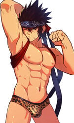 1boy animal_print bara bare_chest brown_hair bulge clenched_hand dungeon_and_fighter dungeon_fighter_online f_jun headband highres leopard_print male_fighter_(dungeon_and_fighter) male_focus male_only male_underwear muscle navel nipples one_eye_closed scar simple_background solo stretch thighs underwear