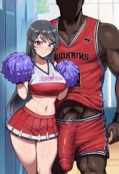 1boy ai_generated black_hair blush breasts cheerleader cleavage closed_mouth clothes_writing collarbone crop_top cuckold dark-skinned_male dark_skin erection faceless female hair_ornament hairclip height_difference holding huge_cock interracial large_breasts large_penis long_hair looking_at_viewer male_pubic_hair midriff miniskirt navel netorare penis pleated_skirt pom_pom_\\\\(cheerleading\\\\) pubic_hair purple_eyes red_shirt red_shorts red_skirt red_tank_top sakurajima_mai shirt shorts skirt smile standing straight thighs veiny_penis zeulzin