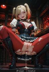 :d after_anal after_sex after_vaginal ai_generated anus ass ass_grab bangs batman_(series) black_choker black_footwear blonde_hair blue_eyes boots bottle breasts choker cleavage cross-laced_footwear cum cum_in_ass cumdrip dc_comics dress female frenzyai frills grabbing_own_ass gradient_hair harley_quinn high_heel_boots high_heels indoors knee_boots lace-up_boots looking_at_viewer makeup medium_breasts medium_hair multicolored_hair naughty_face no_panties open_mouth pantyhose presenting puffy_short_sleeves puffy_sleeves pussy red_hair red_pantyhose short_sleeves skirt smile solo spread_anus spread_ass spread_legs squatting teeth tongue tongue_out torn_clothes torn_pantyhose twintails two-tone_hair uncensored upper_teeth_only