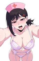 big_breasts black_hair breasts breasts_focus brown_eyes chainsaw_man cute cute_face female female_focus female_only gato_gratam higashiyama_kobeni kobeni_higashiyama lingerie lingerie_bra lingerie_only lingerie_panties looking_at_viewer midriff nurse nurse_cap ponytail sexy sexy_body solo solo_female solo_focus thick_thighs tongue tongue_out tummy wide_hips wide_thighs