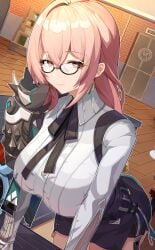 1girls absurdres armor big_breasts black_skirt breasts bupa_chila closed_mouth cowboy_shot dress_shirt earrings female glasses hair_between_eyes high-waist_skirt highres jewelry large_breasts light_particles long_hair looking_at_viewer pencil_skirt pink_eyes pink_hair shirt shoulder_armor sidelocks skirt smile solo tsukishiro_yanagi white_shirt wooden_floor zenless_zone_zero