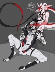 andromorph anthro big_ears black_blood black_hair black_nails black_tongue blood bodily_fluids bondage bound clothing colored_blood colored_nails cum deer deer_antlers duo ejaculation feet finger_in_mouth foot_fetish foot_play footjob fur genital_fluids genitals gore hair hi_res horn intersex intersex/male jewelry latex latex_clothing latex_legwear legwear lizard male mammal modular nails necklace pale_skin penis penis_in_face penis_in_mouth precum red_horn red_legs reptile satisfied scalie scar sex skwerna skwerna_timido snake teeth tongue unusual_blood unusual_bodily_fluids white_body white_ears white_fur white_penis