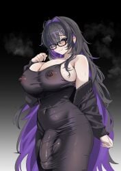 absurdres arm_behind_back bags_under_eyes bare_shoulders black-framed_eyewear black_background black_cardigan black_dress black_hair blunt_bangs blush breasts cardigan closed_mouth colored_inner_hair commentary covered_navel covered_nipples covered_penis covered_testicles cowboy_shot dress english_commentary female futanari glasses goddess_of_victory:_nikke gradient_background grey_background hair_intakes hair_over_one_eye half-closed_eyes hand_up highres huge_breasts label_(nikke) long_hair long_sleeves looking_at_viewer multicolored_hair nipples off_shoulder open_cardigan open_clothes paid_reward_available purple_eyes purple_hair raised_eyebrows see-through_clothes see-through_dress sleeveless sleeveless_dress sleeves_past_wrists smile solo standing steaming_body sweat tight_clothes tight_dress two-tone_background two-tone_hair very_long_hair wavy_mouth wujack