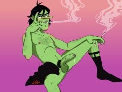 black_hair gorillaz green_skin green_skinned_male kneehighs kneesocks looking_at_viewer male male_focus male_only penis penis_out sebastian_niccals