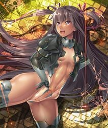 aoi_nagisa_(metalder) blush breasts brown_hair curvy dark_skin elbow_gloves female gloves hair_ribbon highleg_leotard hips knife leotard leotard_aside lilith-soft looking_at_viewer mizuki_yukikaze nipples official_art open_mouth partially_visible_vulva pink_eyes puffy_nipples ribbon shiny shiny_skin small_breasts smile sweat taimanin_(series) taimanin_asagi_battle_arena taimanin_yukikaze tanline thick_thighs thighhighs thighs thong_leotard twintails very_long_hair weapon