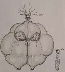 absurd_res ambiguous_gender american_mythology anthro antlers ass bandage big_breasts big_butt bodily_fluids bone breasts claws comparing cross_pupils duo female front_view fur genitals hi_res horn huge_breasts huge_butt humanoid hyper hyper_breasts hyper_butt im_outta_creativity indigenous_north_american_mythology kidnapping lactating leaking_milk looking_at_viewer milk monster montgomery_glands mythological_creature mythology neck_tuft north_american_mythology nude_anthro pubes pubic_tattoo size_difference skull skull_head tattoo toe_claws traditional_media_(artwork) tuft vulva wendigo white_body white_fur