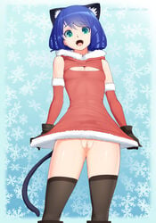 animal_humanoid armwear blue_hair breasts cat_humanoid christmas christmas_outfit clothing cyan_(show_by_rock!!) elbow_gloves fangs feline feline_humanoid female gloves green_eyes hair holidays humanoid keyhole_turtleneck legwear mammal necrosmos open_mouth pussy show_by_rock!! small_breasts snowflake stockings sweater