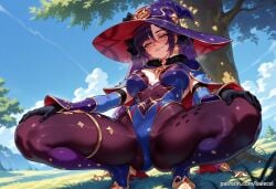 ai_generated balecxi black_gloves blue_headwear breasts covered_navel earrings female genshin_impact green_eyes high_heels jewelry leotard long_hair looking_at_viewer mona_(genshin_impact) outdoors pantyhose patreon_username smile solo spread_legs squatting thighs twintails witch_hat
