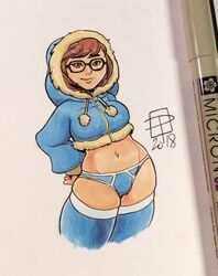 1girls 2018 blizzard_entertainment blue_panties callmepo eyewear female female_only glasses hoodie mei_(overwatch) overwatch panties solo solo_female stockings traditional_media_(artwork)