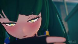 animated assertive_female bondage captured covering_mouth cuff_(restraint) cuffs dominant_female female green_eyes green_hair kianago looking_at_viewer markings no_sound pov qingyi_(zenless_zone_zero) reverse_rape robot robot_girl sex tagme thighs video video_games zenless_zone_zero