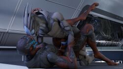 16:9 absurd_res alien all_fours bioware bodily_fluids claws cum duo electronic_arts erection female from_front_position genital_fluids genitals hi_res lying male male/female mass_effect missionary_position on_back penis scoota sex turian widescreen
