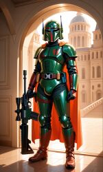 ai ai_generated boba_fett bulge_through_armor disney genderswap_(mtf) gun mandalorian_armor red_cape standing star_wars