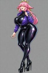 2d ai ai_art ai_generated big_ass big_breasts black_nails female genshin_impact gold_jewelry heels jacket latex pink_hair platform_heels thick thick_ass yae_miko