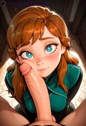 1boy 1girls ai ai_assisted ai_generated anime anna_(frozen) artist_name blue_eyes blush breasts brown_hair cheek_press closed_mouth dibzprintz disney disney_princess dress erection fansly female freckles frozen_(film) frozen_2 green_dress hi_res high_quality high_resolution highres indoors lips long_hair looking_at_viewer medium_breasts patreon_username penis penis_on_face pov smile solo_focus straight testicles uncensored veins veiny_penis watermark web_address