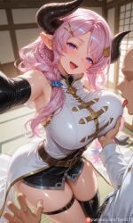 tgv9173 ai_generated self_upload commission commissions_open pixiv_commission pixiv pixiv_link pixiv_sample patreon sample sample_watermark highres laruna_(granblue_fantasy) granblue_fantasy milf mature_female 1girl breasts horns pointy_ears 1boy large_breasts draph long_hair braid gloves hetero thighhighs bare_shoulders hair_ornament open_mouth breast_grab blue_eyes grabbing thighs blush elbow_gloves thigh_strap single_braid pink_hair single_thighhigh black_gloves smile looking_at_viewer belt symbol-shaped_pupils bangs asymmetrical_gloves heart-shaped_pupils tongue_out solo_focus uneven_gloves tongue sleeveless hair_over_one_eye hairclip patreon_username skindentation dress sidelocks sweat heart