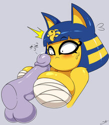 1boy 1girls 2018 animal_crossing ankha anthro between_breasts breasts cleavage disembodied_penis egyptian feline female female_focus furry grey_background hair interspecies male mammal mehdrawings nintendo o3o penis penis_awe short_hair shortstack simple_background straight testicles text video_games watermark wide_eyed wraps