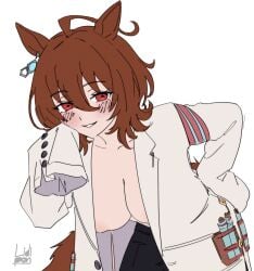 1girls agnes_tachyon_(umamusume) big_breasts brown_hair clothed clothed_female coat commission commission_art eye_markings female female_focus female_only horse horse_girl horse_tail jeans laboratory laboratory_equipment lidipon markings nipple_slip nipples original_artwork oversized_clothes posing posing_for_the_viewer red_eyes smug smug_face tagme umamusume umamusume_pretty_derby visible_nipples