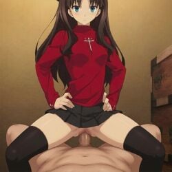 1girls ai_assisted ai_generated black_hair edit edited edited_screencap fate/stay_night fate_(series) hand_on_hip hands_on_hips long_hair looking_at_viewer riding riding_penis sex skirt tohsaka_rin vaginal_penetration