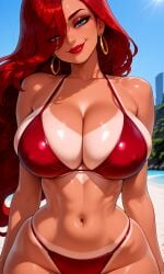 ai_generated bare_shoulders beach bikini bikini_tan blue_eyes blue_sky breasts cleavage collarbone covered_nipples curvy day earrings female hair_over_one_eye hoop_earrings jewelry large_breasts league_of_legends lips long_hair looking_at_viewer makeup miss_fortune navel outdoors red_bikini red_hair red_lips smile solo stomach sun swimsuit tan tanlines trinity_vermilion veins veiny_breasts wide_hips