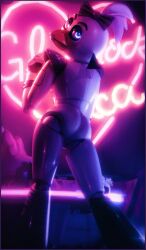 3d_(artwork) accessory animatronic anthro arm_accessory ass avian barely_visible_genitalia barely_visible_vulva beak bird blue_eyes bow_ribbon butt_shot chicken clothing digital_media_(artwork) female five_nights_at_freddy's five_nights_at_freddy's:_security_breach galliform genitals hair hair_accessory hair_ribbon hairbow hi_res leg_warmers legwear lipstick looking_at_viewer looking_back machine makeup mostly_nude mrcourage616 on_model phasianid rear_view ribbons robot scottgames solo steel_wool_studios vulva white_body white_skin