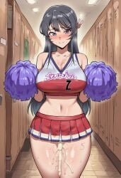after_sex ai_generated bare_shoulders black_hair blush breasts cheerleader cleavage closed_mouth collarbone crop_top cuckold cum cum_in_clothes cum_on_legs cumdrip female hair_ornament hairclip holding holding_pom_poms indoors large_breasts locker long_hair looking_at_viewer midriff miniskirt navel netorare pleated_skirt pom_pom_\\\\(cheerleading\\\\) purple_eyes rabbit_hair_ornament red_skirt sakurajima_mai shirt skirt smile solo standing sweat thighs zeulzin