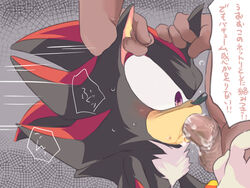 2boys 4:3 anthro anthro_penetrated balls big_eyes black_fur blush bodily_fluids chest_tuft clothing duo ear_grab erection eulipotyphlan fellatio forced fur gay gloves grey_background hand_on_thigh handwear hedgehog human human_on_anthro human_penetrating human_penetrating_anthro interspecies japanese_text larger_male male male_only male_penetrated male_penetrating mammal motion_lines oral oral_penetration penetration penile penis red_fur saliva shadow_the_hedgehog simple_background size_difference smaller_male solo_focus sonic_(series) speech_bubble surprise sweat testicles text translation_request tuft yaoi なし
