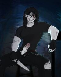 artist_name artist_signature black_hair burn_scar clothed cock creepcoffin creepypasta eye_contact glasgow_smile jeff_the_killer killer knife male male_only pale_skin pants_down penis penis_out pierced_ears pierced_genitals pierced_penis piercing piercings scars sitting slasher solo_male tight_clothing tight_shirt white_skin