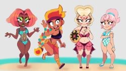 4girls amber_(brawl_stars) beach beach_ball big_breasts bikini bikini_bottom bikini_top blonde_hair brawl_stars breasts charlie_(brawl_stars) clothing dark-skinned_female dark_skin dragon12cake eyeshadow female huge_breasts janet_(brawl_stars) juju_(brawl_stars) latina latina_female light-skinned_female light_skin lipstick long_hair looking_at_viewer mature_female mature_woman multiple_females multiple_girls orange_hair pink_hair ponytail red_hair seductive seductive_eyes smile tattoo tattoos
