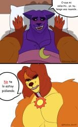 bedroom black_sclera canine catnap catnap_(poppy_playtime) critters_(poppy_playtime) dogday dogday_(poppy_playtime) dubious_consent feline intimidated intimidating intimidation male/male muscular muscular_anthro muscular_male nervous_smile no_humans orange_fur poppy_playtime poppy_playtime_(chapter_3) power_bottom purple_fur shadow_noir07 shadow_on_face smiling_critters spanish_dialogue spanish_text speech_bubble text