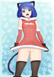 animal_humanoid armwear blue_hair breasts cat_humanoid christmas christmas_outfit clothing cyan_(show_by_rock!!) elbow_gloves fangs feline feline_humanoid female gloves green_eyes hair holidays humanoid keyhole_turtleneck legwear mammal necrosmos open_mouth pussy show_by_rock!! small_breasts snowflake stockings sweat sweater