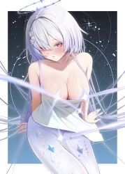 absurdres blush border bottomless censored chinese_commentary clothes_pull collarbone colored_eyelashes commentary earrings english_commentary eyes_visible_through_hair female grey_hair groin hair_intakes hair_ornament hair_over_one_eye halo highres jewelry long_hair looking_at_viewer mixed-language_commentary mornye_(wuthering_waves) multilingual_commentary red_eyes see-through_body shirt shirt_pull sitting solo star_censor tacet_mark_(wuthering_waves) triangle_earrings wasami white_border white_shirt wuthering_waves