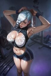 ai_generated female gym jujutsu_kaisen mei_mei_(jujutsu_kaisen) muscular muscular_female playfulslothh sfw sweat training white_hair