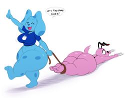 2018 2girls 3_toes anthro ass beagle blue's_clues blue_(blue's_clues) breasts butt_crack canine cartoon_network closed_eyes clothing courage courage_the_cowardly_dog crossover dialogue duo english_text female furry highres huge_breasts huge_butt huge_thighs large_ass large_breasts mammal nickelodeon open_mouth rule_63 shirt shortstack simple_background sssonic2 text thick thick_thighs thighs toes white_background