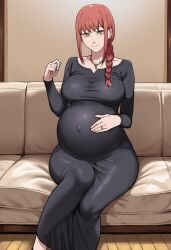 ai_generated big_belly black_dress braid braided_ponytail breasts closed_mouth collarbone couch covered_navel dress feet_out_of_frame female hand_on_own_stomach indoors jewelry large_breasts long_hair long_sleeves looking_at_viewer makima_(chainsaw_man) maternity_clothes necklace pregnant red_hair ring ringed_eyes sitting smile solo wedding_ring yellow_eyes zeulzin