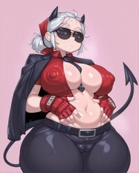 1girls ai_generated baxx15 black_belt black_horns black_jacket black_necktie black_pants black_tail cameltoe cleavage collared_shirt covered_nipples dark demon_horns demon_tail expressionless female fingerless_gloves front_view hand_on_tummy helltaker illustrious_(stable_diffusion) jacket_on_shoulders justice_(helltaker) looking_at_viewer navel perfect_body red_gloves red_shirt sexy_pose short_hair short_ponytail short_sleeves solo stable_diffusion sunglasses thick_thighs tinted_eyewear tummy tummy_grab venus_body white_hair wide_hips