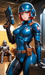 ai ai_generated blue_armor blue_eyes bounty_hunter disney gun red_hair star_wars