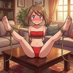1girls 2d ai_generated ankles_tied arms_tied arms_tied_behind_back blush bondage brown_hair brunette_hair coffee_table feet_up female female_focus female_only legs_spread legs_up light_skin living_room looking_at_viewer may_(pokemon) on_table panties pokemon tied_up tubetop worried worried_expression