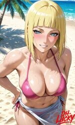 1girls ai_generated bangs beach bikini blonde_hair blue_eyes blush blush_lines bob_cut breasts curvy curvy_figure dh_lucky female hand_on_hip looking_at_viewer naruto naruto_(series) naruto_shippuden nude ocean partially_submerged pink_bikini samui short_hair solo solo_female submerged wet wet_body wet_hair