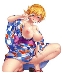 1girls :q animal_print ass bangs bare_shoulders blue_eyes blue_kimono blush breasts breasts_out cleavage curvy eyebrows_visible_through_hair feet female female_only fish_print grass happy highres igawa_sakura japanese_clothes kagami_hirotaka kimono lantern large_breasts lilith-soft looking_at_viewer naughty_face night nipples no_bra no_panties obi off_shoulder official_art orange_hair outdoors public_nudity pussy_juice sandals sash shiny shiny_hair shiny_skin short_hair simple_background smile solo spread_legs squatting sweat taimanin_(series) taimanin_asagi taimanin_asagi_battle_arena toes tongue_out tree v v_over_eye wet white_background yukata zouri