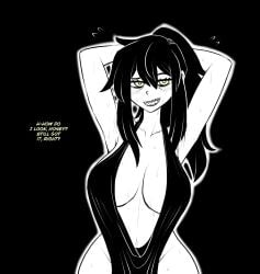 1girls arms_behind_head big_breasts black_background black_dress black_hair breasts cleavage clothing dress english english_text female female_only green_eyes hair mature mature_female mature_woman milf mother renee_graves sharp_teeth smile solo solo_female sweat sweatdrop sweaty teeth text the_coffin_of_andy_and_leyley tied_hair truelordpotato