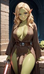ai ai_generated big_breasts blonde_hair bulge_through_clothing genderswap_(mtf) green_skin lightsaber red_lightsaber star_wars yoda
