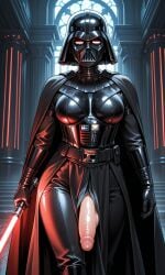 ai ai_generated big_breasts black_armor darth_vader futanari genderswap_(mtf) lightsaber red_lightsaber star_wars