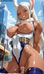 1boy 1girls ai ai_generated arched_back arms_behind_back bare_shoulders big_breasts blush blush_lines blushing_female breasts breasts_out bunny_ears city cowgirl_position cum cum_in_pussy cum_inside dark-skinned_female dark_skin day eyelashes female leotard long_ears long_hair looking_down lostphantom male mirko miruko motion_lines my_hero_academia navel nipples open_legs outdoors pussy red_eyes rumi_usagiyama smile teeth thighhighs vaginal_penetration vaginal_sex white_hair white_leotard